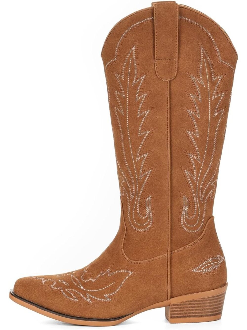 Women's Brown Mid Calf Suede Snip Toe Chunky Heel Embroidered Western Boots - Picture 5 of 6